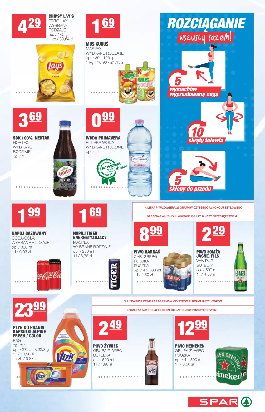 Gazetka promocyjna Spar - Eurospar - ważna 03.03 do 09.03.2021 - strona 7 - produkty: Carlsberg, Chipsy, Coca-Cola, Gra, Harnaś, Heineken, Hortex, Mus, Napój, Napój gazowany, Nektar, Piwa, Piwo, Płyn do prania, Prima, Primavera, Pur, Sok, Tiger, Woda