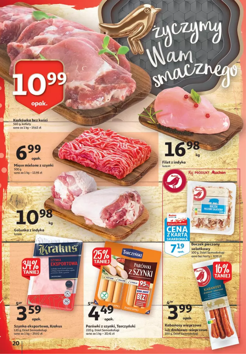 Gazetka promocyjna Auchan - 25 Urodziny #4 Hipermarkety - ważna 14.05 do 21.05.2021 - strona 20 - produkty: Boczek, Boczek pieczony, Golonka z indyka, Kabanos, Kotlet, Krakus, Mięso, Mięso mielone, Mięso mielone z szynki, Parówki, Parówki z szynki, Piec, Por, Sałat, Sport, Szynka, Tarczyński