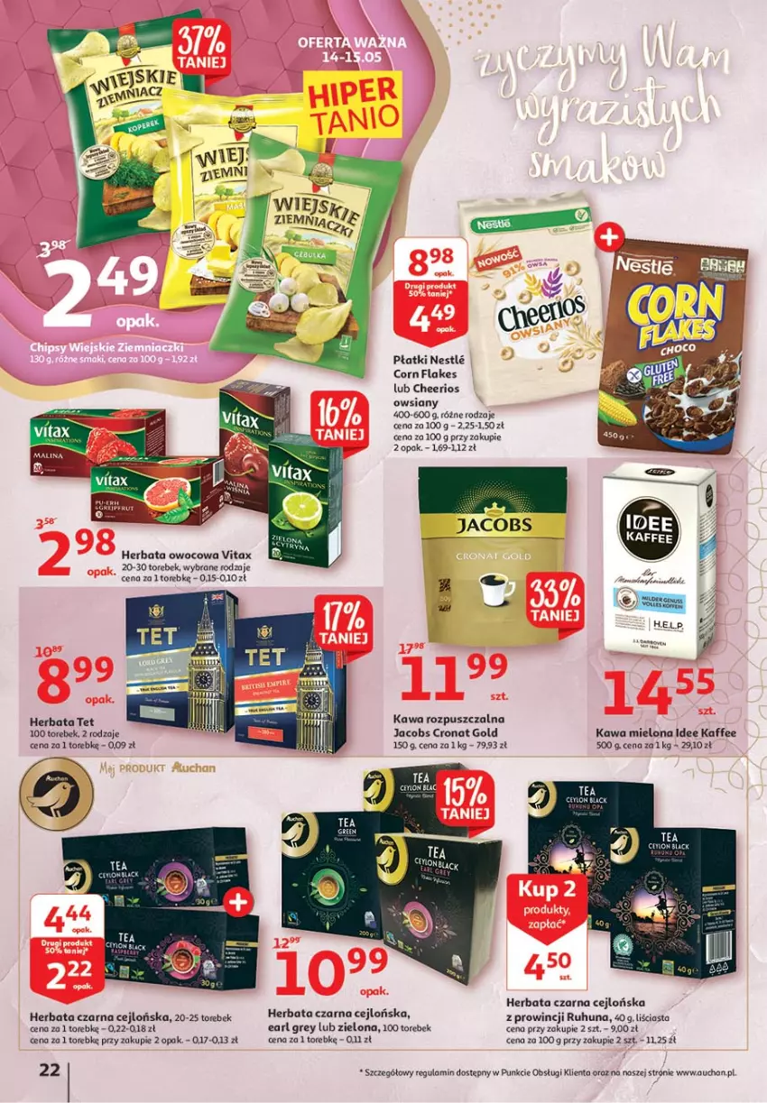 Gazetka promocyjna Auchan - 25 Urodziny #4 Hipermarkety - ważna 14.05 do 21.05.2021 - strona 22 - produkty: Cheerios, Corn flakes, Earl Grey, Herbata, Herbata czarna, Herbata owocowa, Jacobs, Kawa, Kawa mielona, Kawa rozpuszczalna, Lack, UHU, Vitax