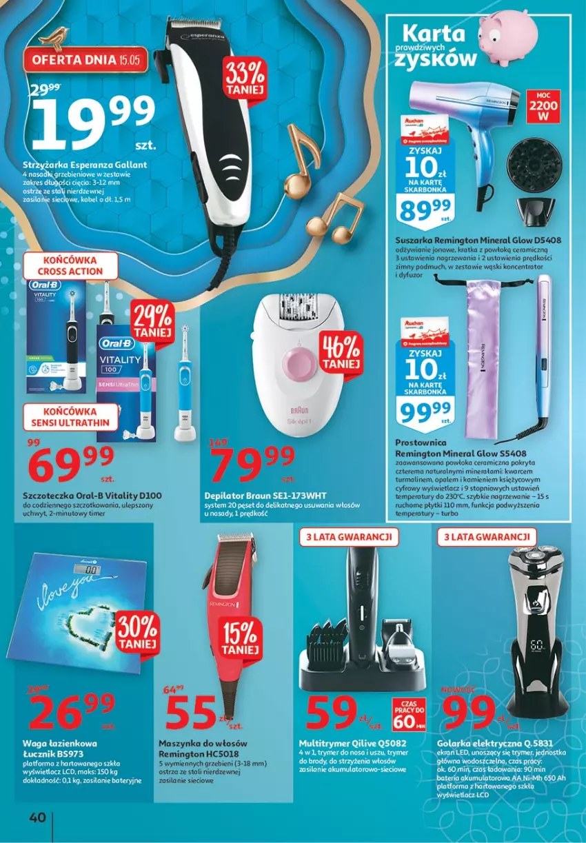 Gazetka promocyjna Auchan - 25 Urodziny #4 Hipermarkety - ważna 14.05 do 21.05.2021 - strona 40 - produkty: Akumulator, Bateria, Braun, Depilator, Maszynka, Remington, Silan, Suszarka, Szczoteczka, Szynka, Waga, Waga łazienkowa