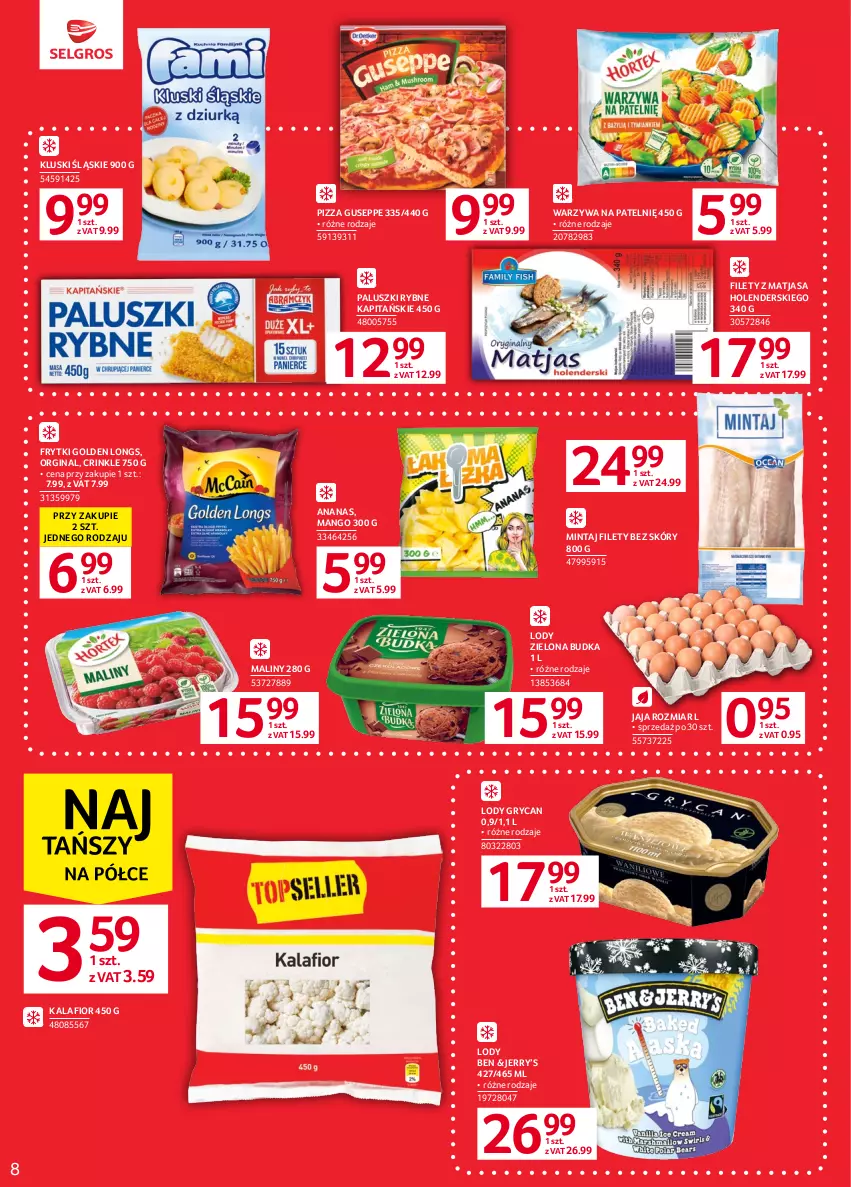 Gazetka promocyjna Selgros - Oferta spożywcza - ważna 01.06 do 14.06.2023 - strona 10 - produkty: Ananas, Frytki, Gin, Gry, Jaja, Kalafior, Lody, Maliny, Mango, Matjas, Mintaj, Paluszki rybne, Pizza, Warzywa, Zielona Budka