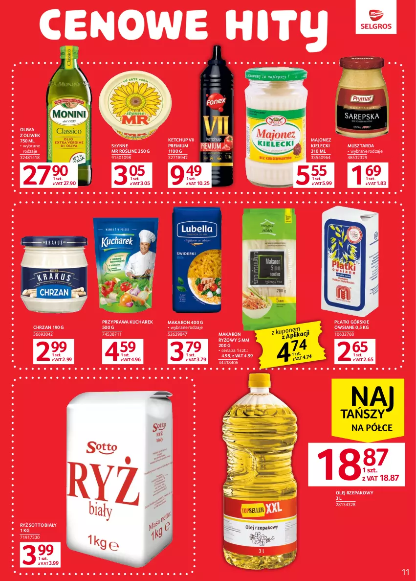 Gazetka promocyjna Selgros - Oferta spożywcza - ważna 01.06 do 14.06.2023 - strona 13 - produkty: Chrzan, Ketchup, Kucharek, Majonez, Makaron, Makaron ryżowy, Mus, Musztarda, Olej, Olej rzepakowy, Oliwa z oliwek, Ryż, Słynne