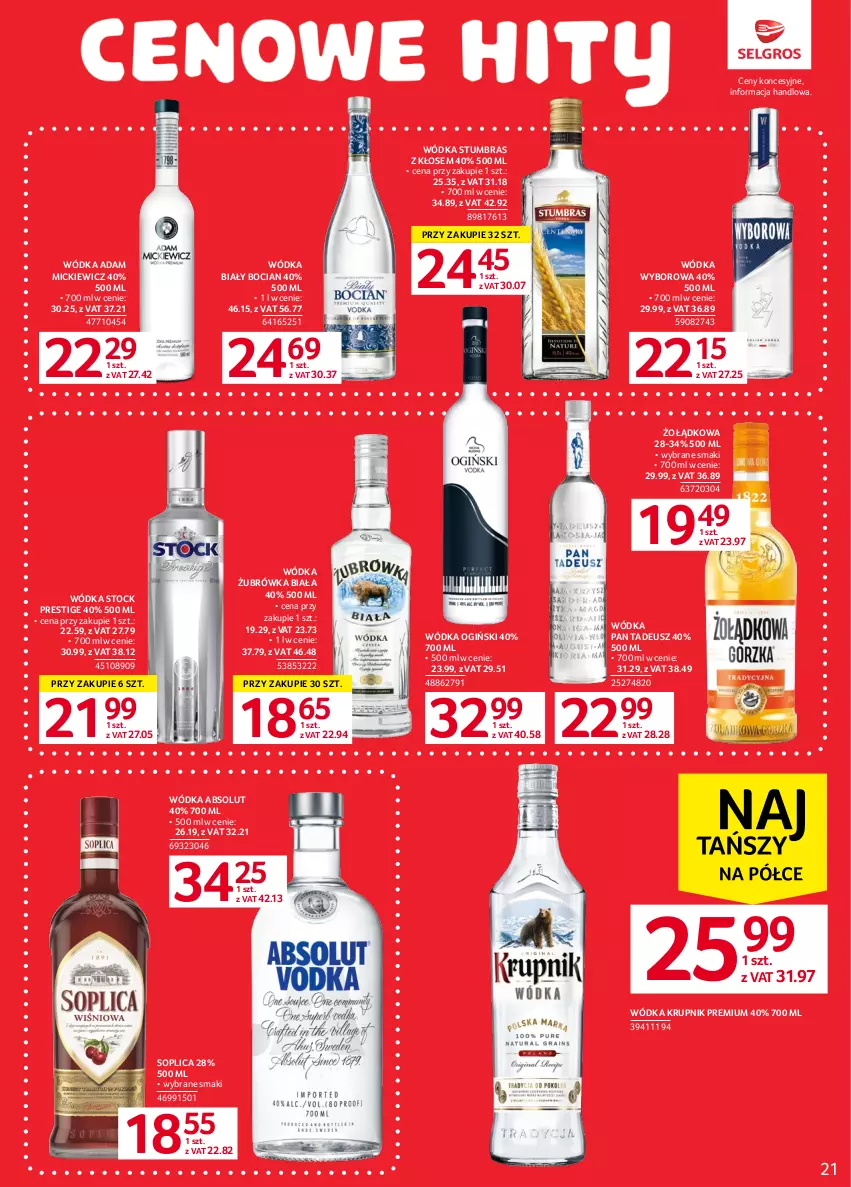 Gazetka promocyjna Selgros - Oferta spożywcza - ważna 01.06 do 14.06.2023 - strona 23 - produkty: Absolut, Biały Bocian, Krupnik, Ogiński, Soplica, Stock, Wódka, Wyborowa