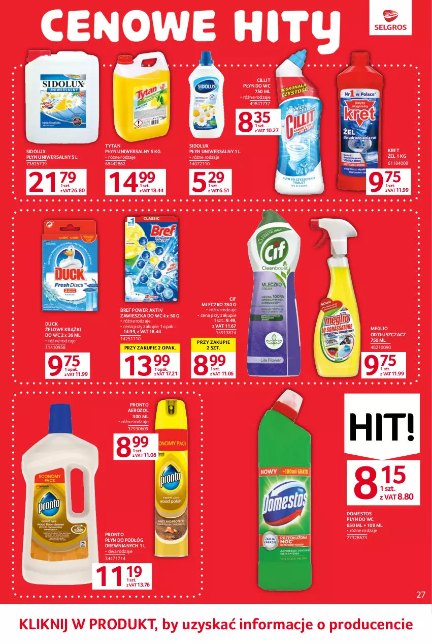 Gazetka promocyjna Selgros - Oferta spożywcza - ważna 01.06 do 14.06.2023 - strona 29 - produkty: Bref, Cif, Domestos, Duck, Kret, Mleczko, Odtłuszczacz, Płyn do wc, Pronto, Sidolux, Tytan, Zawieszka do wc