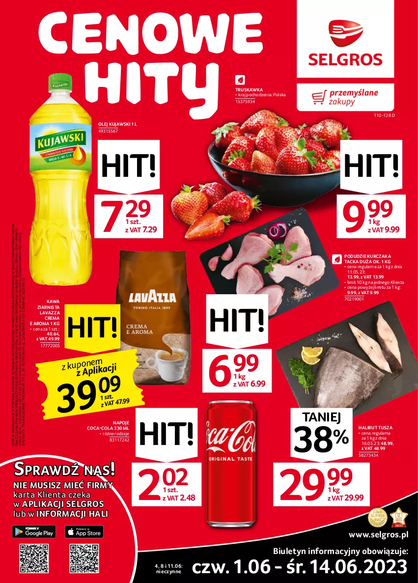 Gazetka promocyjna Selgros - Oferta spożywcza - ważna 01.06 do 14.06.2023 - strona 3 - produkty: Coca-Cola, Fa, Halibut, Kawa, Kawa ziarnista, Kujawski, Kurczak, Lavazza, LG, Mus, Napoje, Olej, Tran, Tusz