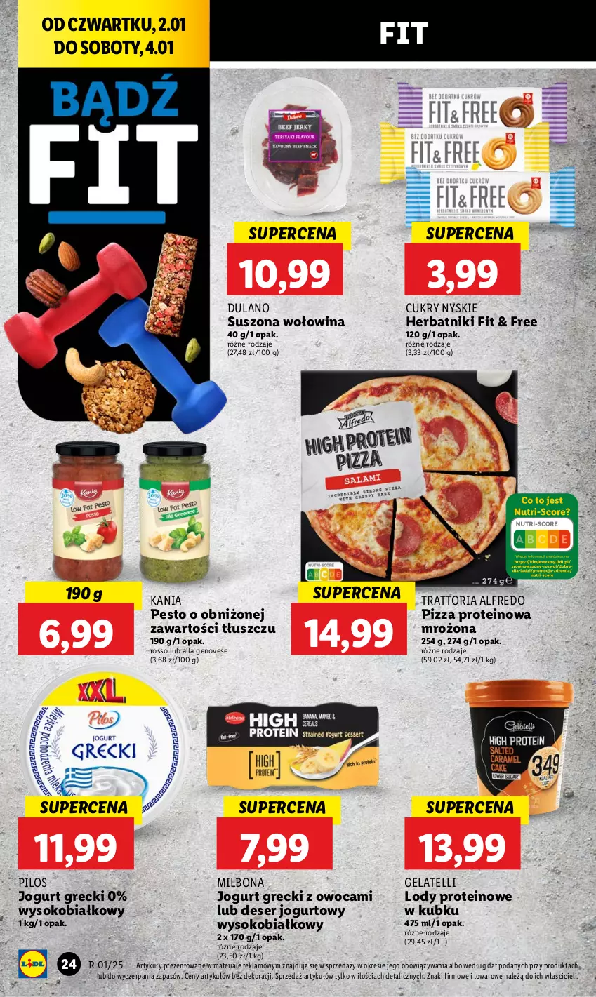 Gazetka promocyjna Lidl - GAZETKA - ważna 02.01 do 04.01.2025 - strona 28 - produkty: Deser, Dulano, Herbatniki, Jogurt, Lody, Pesto, Pilos, Pizza, Ser, Sok, Wołowina