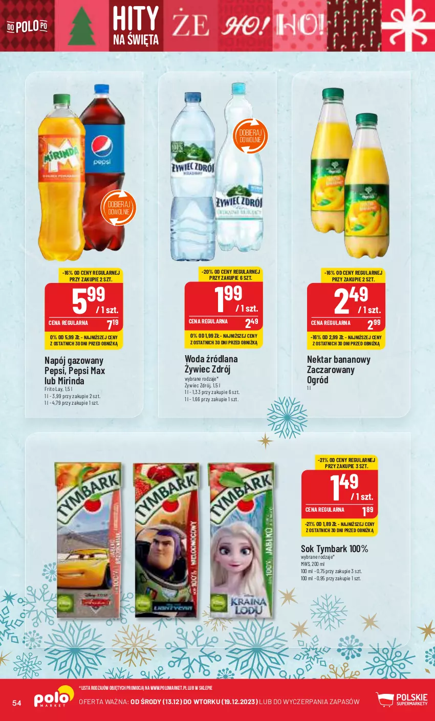 Gazetka promocyjna PoloMarket - Gazetka pomocyjna - ważna 13.12 do 19.12.2023 - strona 54 - produkty: LANA, Mirinda, Napój, Napój gazowany, Nektar, Nektar bananowy, Ogród, Pepsi, Pepsi max, Sok, Tymbark, Woda