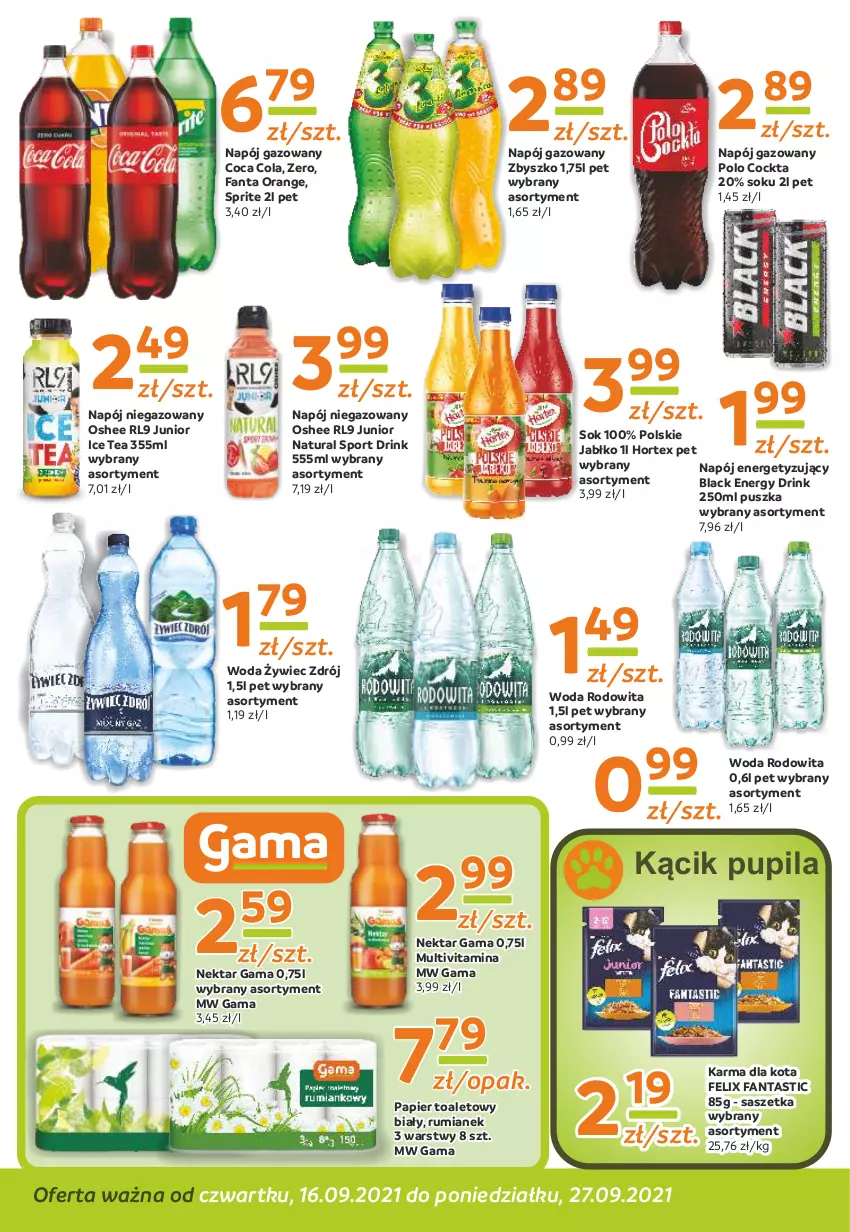 Gazetka promocyjna Gama - Gazetka Gama - ważna 16.09 do 27.09.2021 - strona 10 - produkty: Fa, Fanta, Felix, Hortex, Ice tea, Lack, Napój, Napój gazowany, Napój niegazowany, Nektar, Oshee, Papier, Papier toaletowy, Por, Rum, Sok, Sport, Sprite, Woda