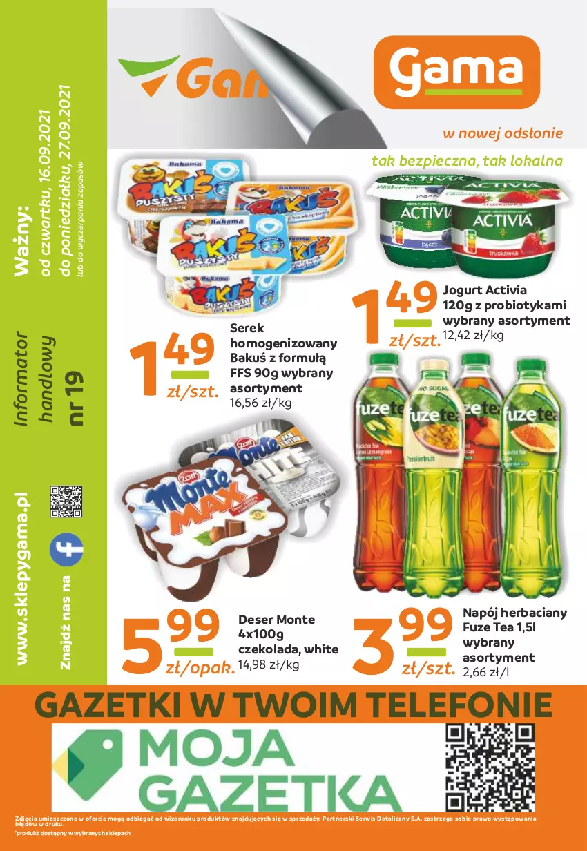 Gazetka promocyjna Gama - Gazetka Gama - ważna 16.09 do 27.09.2021 - strona 12 - produkty: Activia, Czekolada, Deser, Jogurt, Monte, Napój, Piec, Probiotyk, Ser, Serek, Serek homogenizowany, Telefon