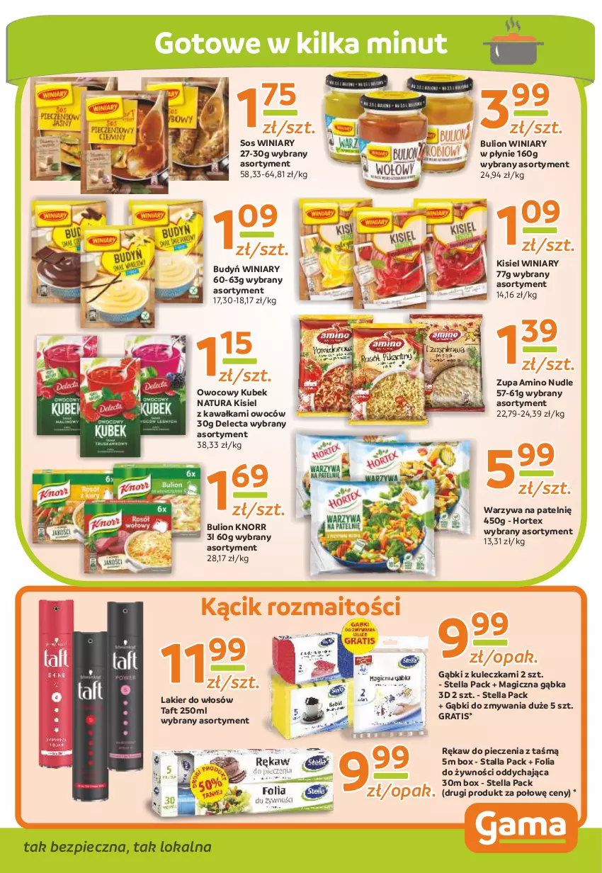 Gazetka promocyjna Gama - Gazetka Gama - ważna 16.09 do 27.09.2021 - strona 9 - produkty: Budyń, Bulion, Delecta, Gra, Hortex, Kawa, Kisiel, Knorr, Kubek, Lakier, Lakier do włosów, Lion, Piec, Rękaw do pieczenia, Sos, Taft, Warzywa, Winiary, Zupa