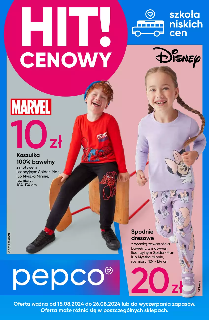 Gazetka promocyjna Pepco - Disney – Marvel - ważna 15.08 do 21.08.2024 - strona 1 - produkty: Disney, Dres, Kosz, Koszulka, Minnie, Mysz, Sok, Spodnie, Spodnie dresowe