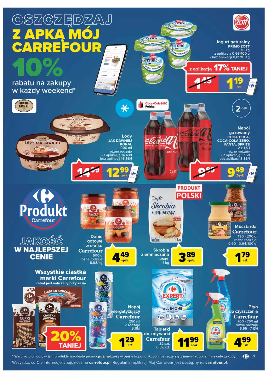 Gazetka promocyjna Carrefour - Gazetka Market ZyskOferty - ważna 16.05 do 21.05.2022 - strona 3 - produkty: Ciastka, Coca-Cola, Gin, Jogurt, Jogurt naturalny, Mus, Musztarda, Napój, Napój gazowany, Zmywarki, Zott