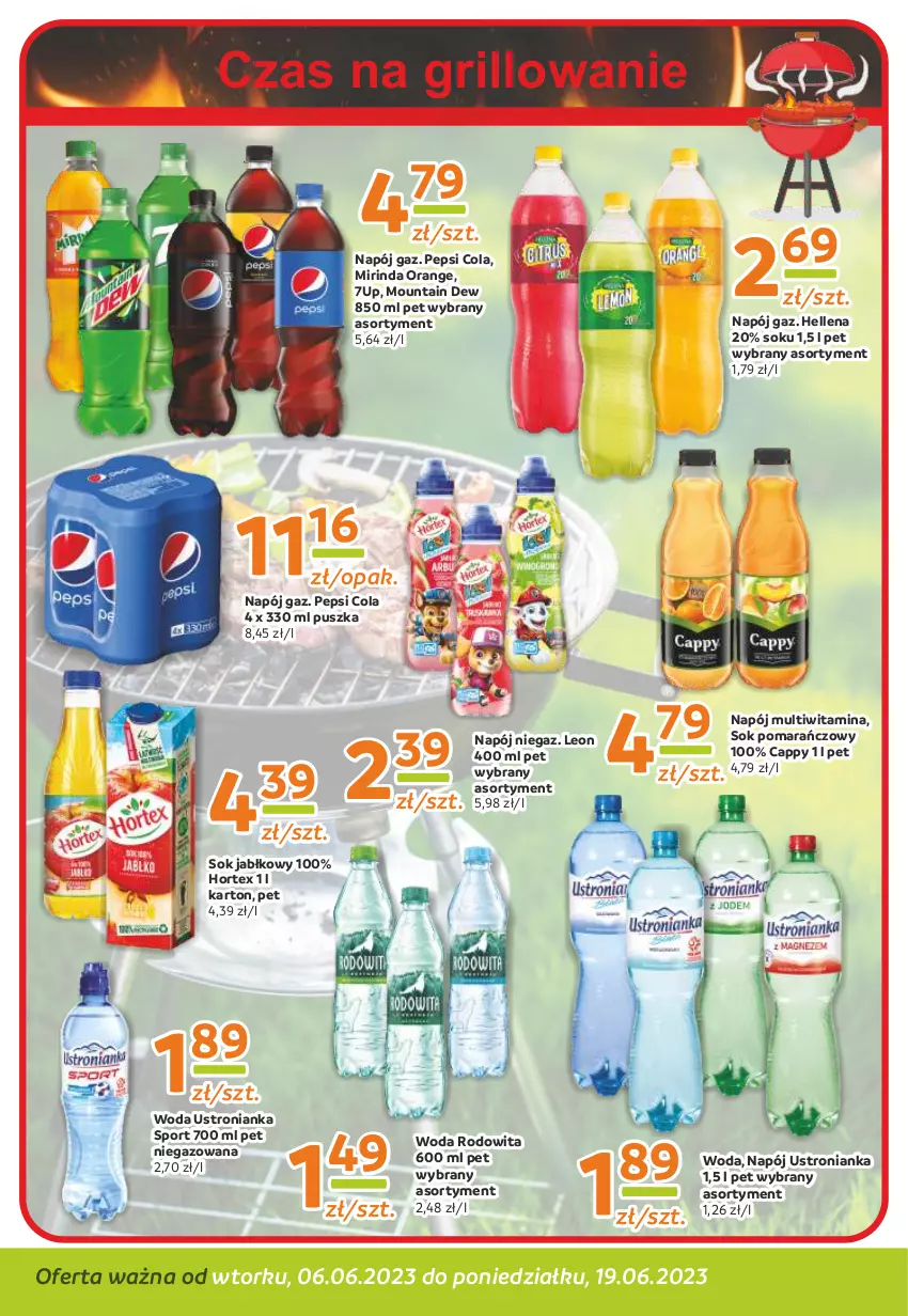 Gazetka promocyjna Gama - Gazetka Gama - ważna 19.06.2023 do 06.06.2024 - strona 10 - produkty: 7up, Cappy, Grill, Hellena, Hortex, Leon, Mirinda, Napój, Pepsi, Por, Sok, Sok jabłkowy, Sok pomarańczowy, Sport, Woda