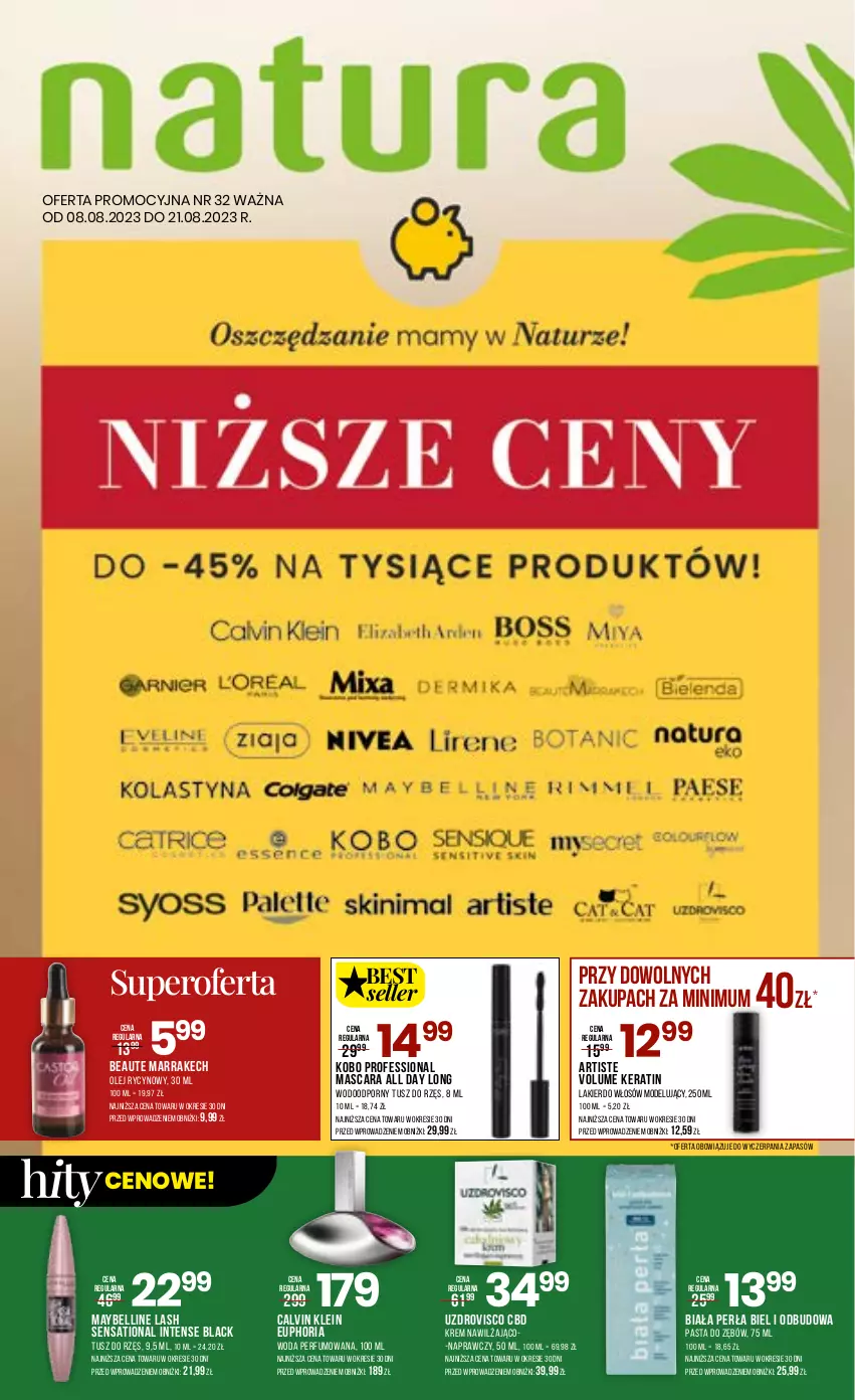 Gazetka promocyjna Drogerie Natura - Gazetka Drogerie Natura - ważna 08.08 do 22.08.2023 - strona 1 - produkty: Bell, Calvin Klein, KOBO, Lack, Lakier, Lakier do włosów, Maybelline, Olej, Pasta do zębów, Perfum, Perła, Por, Sati, Tusz, Woda, Woda perfumowana