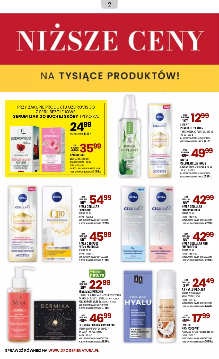 Gazetka promocyjna Drogerie Natura - Gazetka Drogerie Natura - ważna 08.08 do 22.08.2023 - strona 2 - produkty: Dermika, Eveline, Krem do twarzy, Lirene, Makijaż, Nivea, Nivea Q10, Olej, Olejek do demakijażu, Phyto, Pianka do mycia twarzy, Rum, Ser, Serum, Tonik