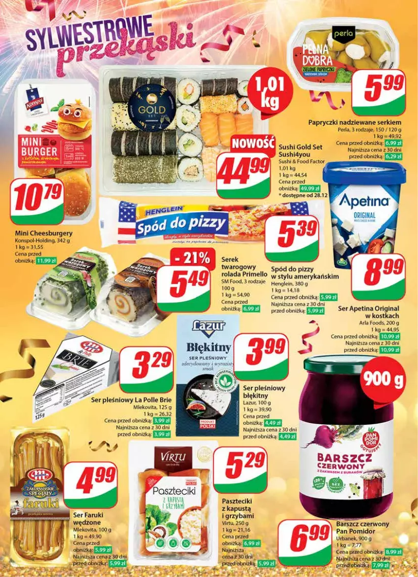 Gazetka promocyjna Dino - Gazetka 52 - ważna 26.12.2023 do 02.01.2024 - strona 16 - produkty: Brie, Burger, Fa, Gin, Kapustą, Lazur, Mleko, Mlekovita, Papryczki nadziewane, Piwo, Por, Rolada, Ser, Ser pleśniowy, Serek, Spód do pizzy, Sushi, Virtu