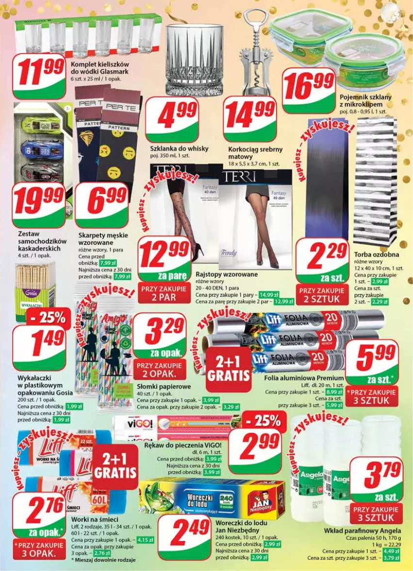 Gazetka promocyjna Dino - Gazetka 52 - ważna 26.12.2023 do 02.01.2024 - strona 23 - produkty: Chodzik, Folia aluminiowa, Jan Niezbędny, Karp, Kask, Koc, Korkociąg, Papier, Piec, Pojemnik, Pojemnik szklany, Rajstopy, Rękaw do pieczenia, Stek, Szklanka, Top, Torba, Whisky, Woreczki do lodu, Worki na śmiec, Worki na śmieci