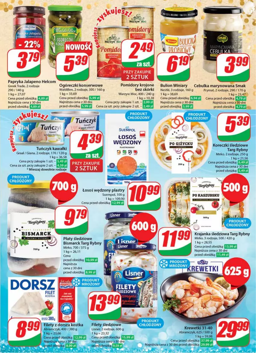 Gazetka promocyjna Dino - Gazetka 52 - ważna 26.12.2023 do 02.01.2024 - strona 9 - produkty: Bulion, Dorsz, HELCOM, Koreczki śledziowe, Krajanka śledziowa, Krewetki, Lion, Lisner, Papryka, Płaty śledziowe, Pomidory, Pomidory krojone, Prymat, Ser, Suempol, Winiary