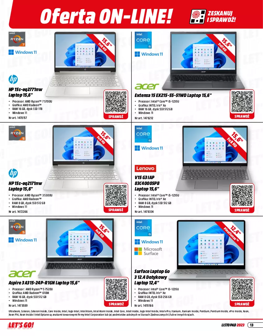 Gazetka promocyjna Media Markt - Gazetka Media Markt - ważna 01.11 do 30.11.2023 - strona 13 - produkty: Fa, Gra, Grafika, HP, Intel, Pentium, Por, Procesor, Radeon, Surf, Top