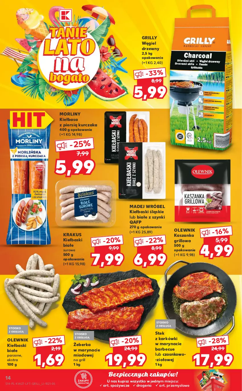 Gazetka promocyjna Kaufland - OFERTA TYGODNIA - ważna 08.07 do 14.07.2021 - strona 14 - produkty: Grill, Kasza, Kaszanka, Kiełbasa, Kiełbaski białe, Kiełbaski śląskie, Krakus, Kurczak, Madej Wróbel, Morliny, Olewnik, Piec, Stek, Węgiel drzewny