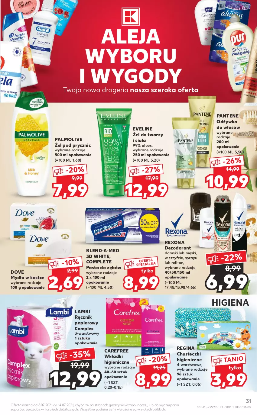 Gazetka promocyjna Kaufland - OFERTA TYGODNIA - ważna 08.07 do 14.07.2021 - strona 31 - produkty: Blend-a-Med, Carefree, Chusteczki, Dezodorant, Dove, Eveline, Gin, Mydło, Odżywka, Palmolive, Pantene, Papier, Pasta do zębów, Ręcznik, Rexona, Wkładki