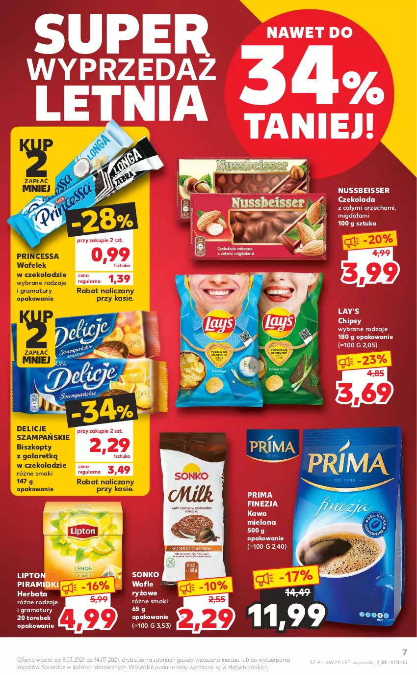 Gazetka promocyjna Kaufland - OFERTA TYGODNIA - ważna 08.07 do 14.07.2021 - strona 7 - produkty: Biszkopty, Chipsy, Czekolada, Delicje, Gala, Gra, Herbata, Kawa, Kawa mielona, Lipton, Prima, Princessa, Rama, Ryż, Ser, Sonko, Wafelek, Wafle