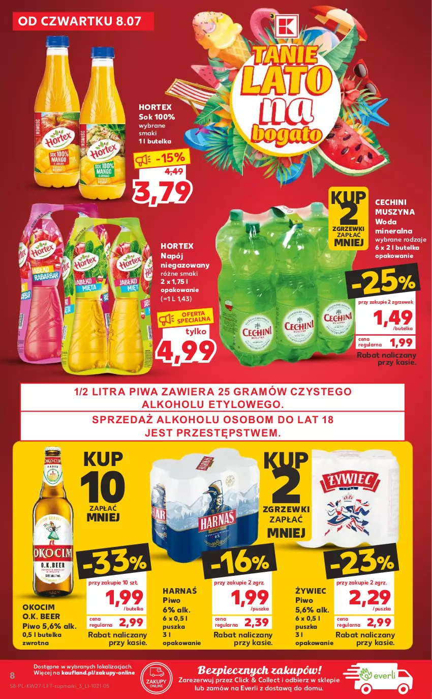 Gazetka promocyjna Kaufland - OFERTA TYGODNIA - ważna 08.07 do 14.07.2021 - strona 8 - produkty: Harnaś, Hortex, Koc, Mus, Napój, Napój niegazowany, Okocim, Piec, Piwa, Piwo, Sok, Szyna, Woda, Woda mineralna