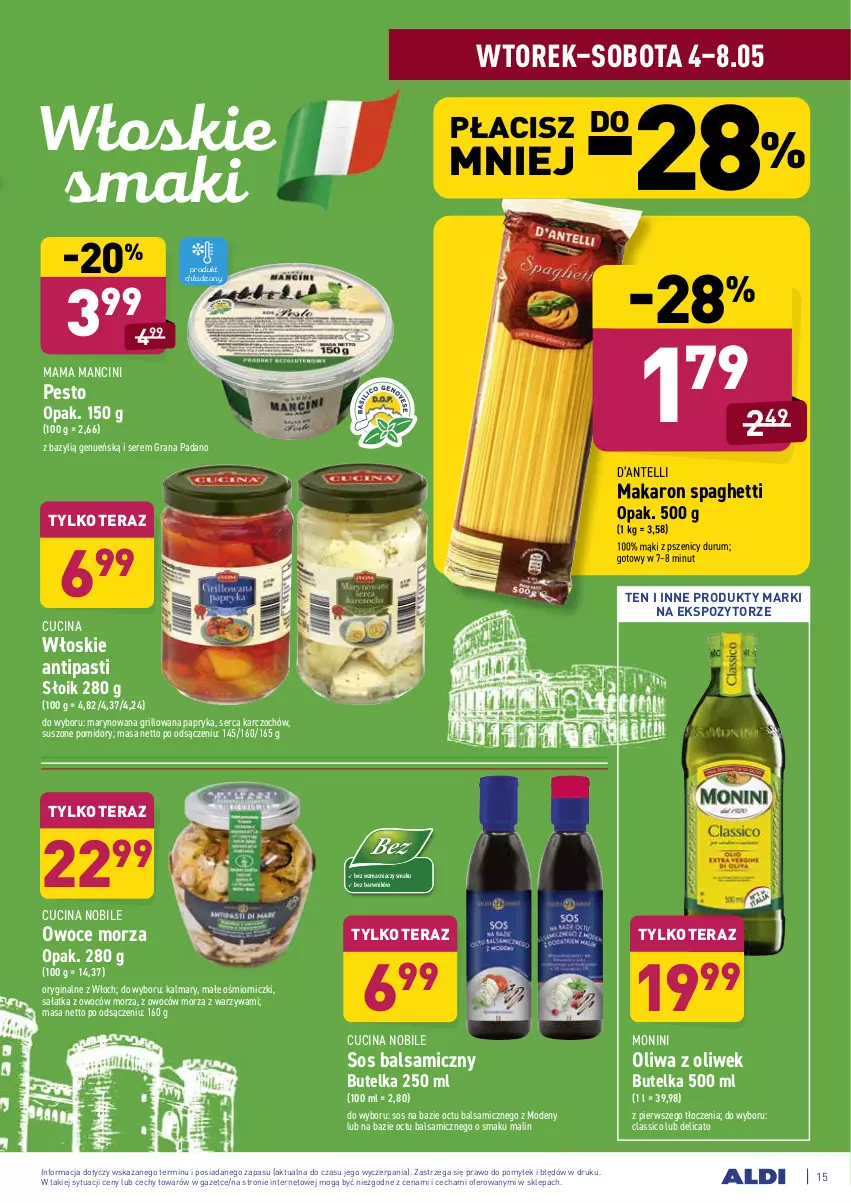 Gazetka promocyjna Aldi - ważna 04.05 do 08.05.2021 - strona 15 - produkty: Bazyl, Gin, Gra, Grill, Kalmar, Kalmary, Makaron, Monini, Oliwa z oliwek, Owoce, Owoce morza, Papryka, Pesto, Pomidory, Rum, Sałat, Sałatka, Ser, Sos, Spaghetti, Suszone pomidory, Tera, Warzywa