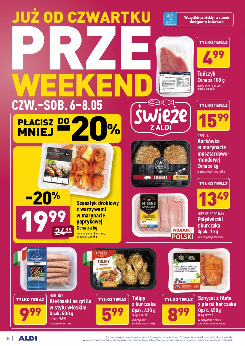 Gazetka promocyjna Aldi - ważna 04.05 do 08.05.2021 - strona 24 - produkty: Grill, Kurczak, Lodówka, Mięsne specjały, Morliny, Mus, Polędwiczki z kurczaka, Por, Stek, Tera, Tuńczyk, Warzywa