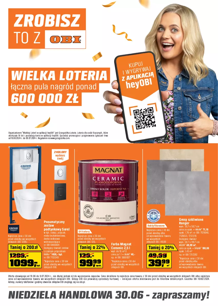 Gazetka promocyjna Obi - Gazetka OBI - ważna 19.06 do 09.07.2024 - strona 1 - produkty: Deska sedesowa, Dres, Fa, Gres, Magnat Ceramic, Miska, Ser, Telefon