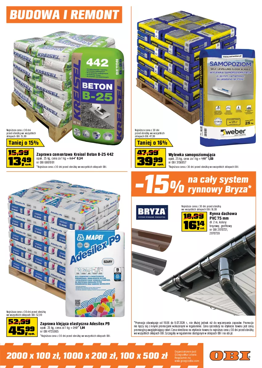 Gazetka promocyjna Obi - Gazetka OBI - ważna 19.06 do 09.07.2024 - strona 9 - produkty: Bryza, Cement, Dekoral, Dulux, Fa, Farba akrylowa, Farba lateksowa, Gra, Klej, Kuchnia, Mop, Por, Wylewka samopoziomująca