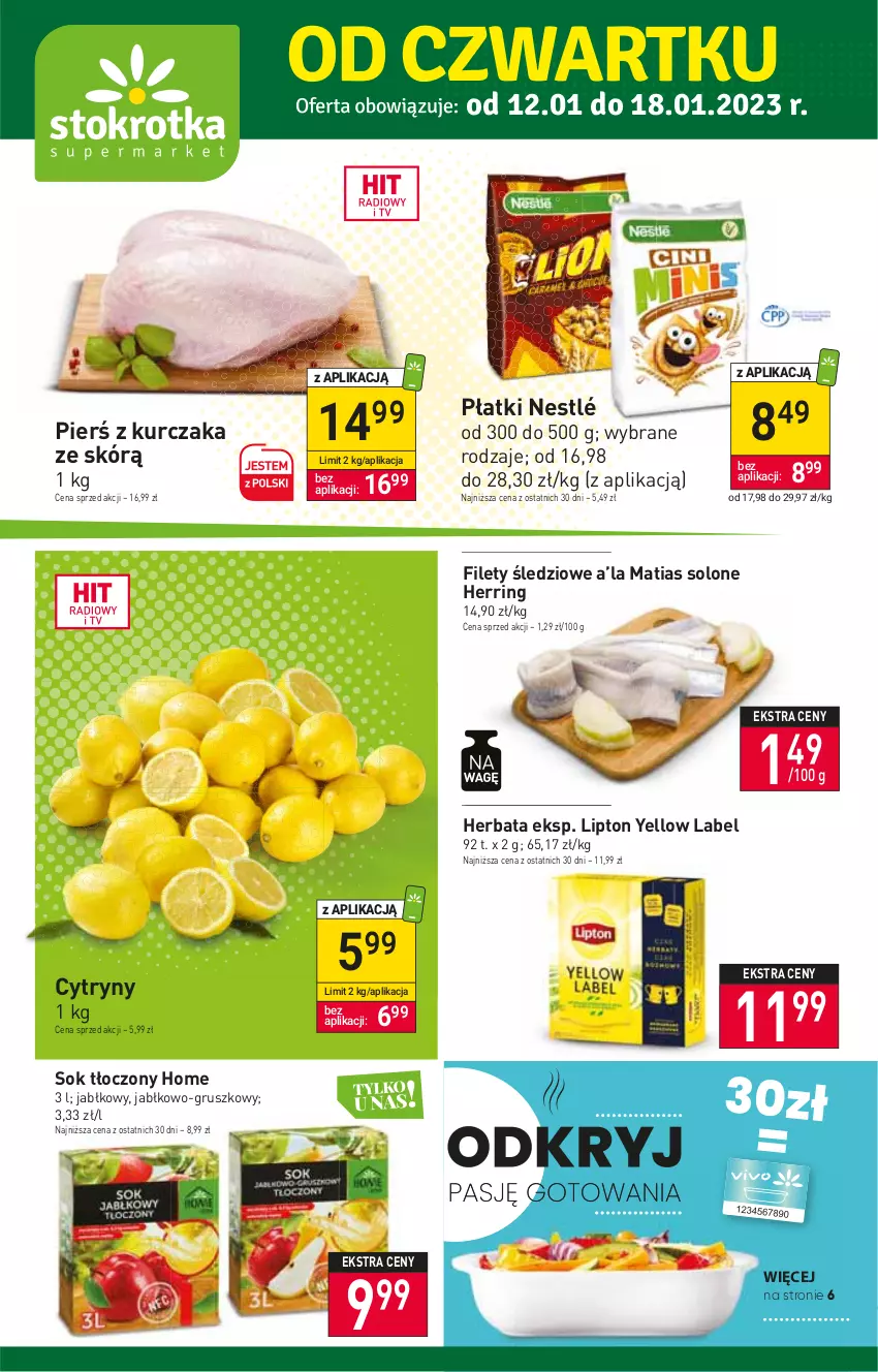 Gazetka promocyjna Stokrotka - Supermarket - ważna 12.01 do 18.01.2023 - strona 1 - produkty: Cytryny, Herbata, Kurczak, Lipton, Nestlé, Sok