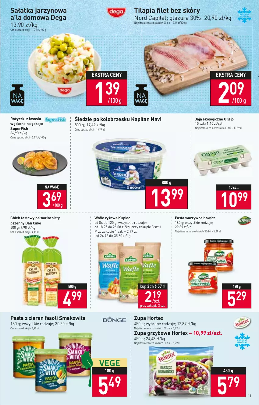 Gazetka promocyjna Stokrotka - Supermarket - ważna 12.01 do 18.01.2023 - strona 11 - produkty: Chleb, Chleb tostowy, Dan Cake, Dega, Fa, Glazura, Hortex, Jaja, Kupiec, Lazur, Pasta warzywna, Piec, Ryż, Sałat, Sałatka, Smakowita, Sos, Tilapia, Wafle, Zupa