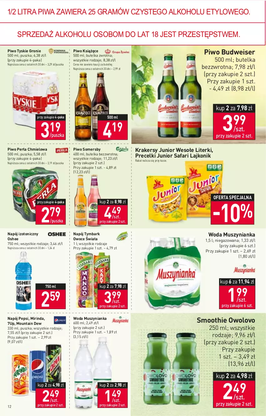 Gazetka promocyjna Stokrotka - Supermarket - ważna 12.01 do 18.01.2023 - strona 12 - produkty: 7up, Fa, Gra, Krakersy, Książęce, Lajkonik, Mirinda, Mus, Muszynianka, Napój, Napój izotoniczny, Oshee, Owoce, Pepsi, Perła, Piwa, Piwo, Precelki, Ser, Smoothie, Somersby, Tymbark, Tyskie, Woda