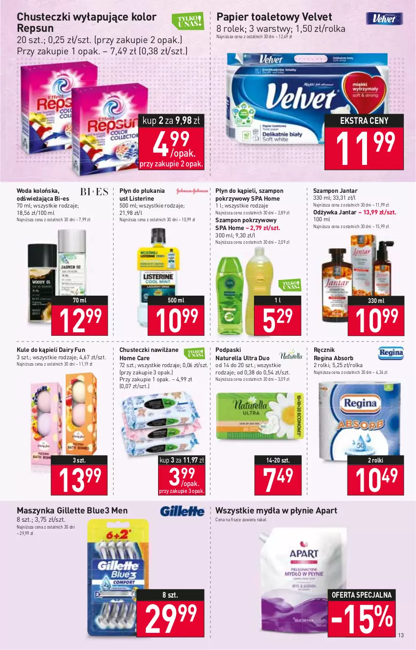 Gazetka promocyjna Stokrotka - Supermarket - ważna 12.01 do 18.01.2023 - strona 13 - produkty: Chusteczki, Gillette, Gin, Listerine, Maszynka, Naturell, Naturella, Odżywka, Papier, Papier toaletowy, Płyn do kąpieli, Płyn do płukania, Podpaski, Ręcznik, Rolki, Szampon, Szynka, Velvet, Woda, Woda kolońska