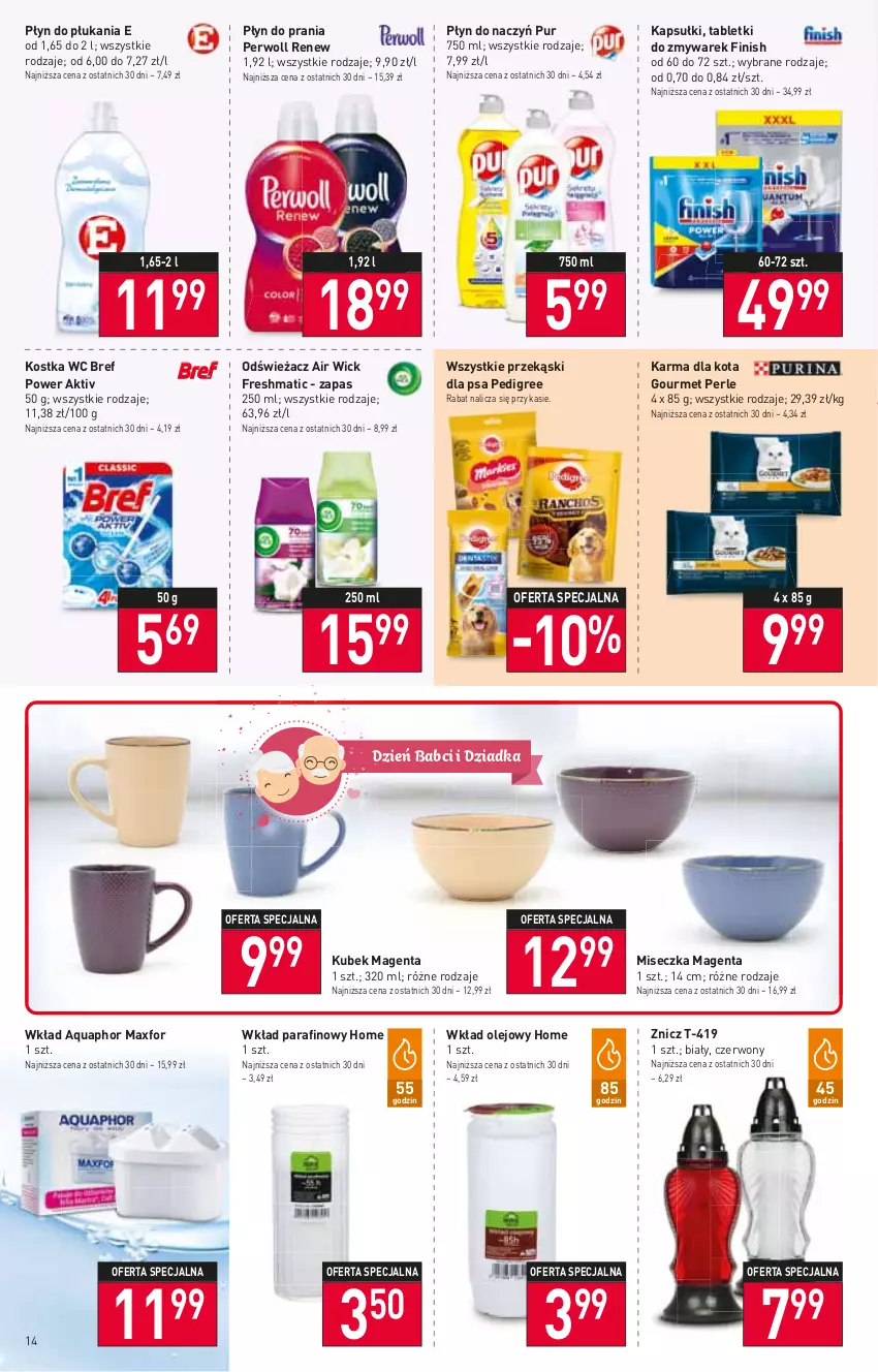 Gazetka promocyjna Stokrotka - Supermarket - ważna 12.01 do 18.01.2023 - strona 14 - produkty: Air Wick, Aquaphor, Bref, Finish, Kubek, Miseczka, Olej, Pedigree, Perwoll, Płyn do płukania, Płyn do prania, Przekąski dla psa, Pur, Tablet, Wkład olejowy, Znicz