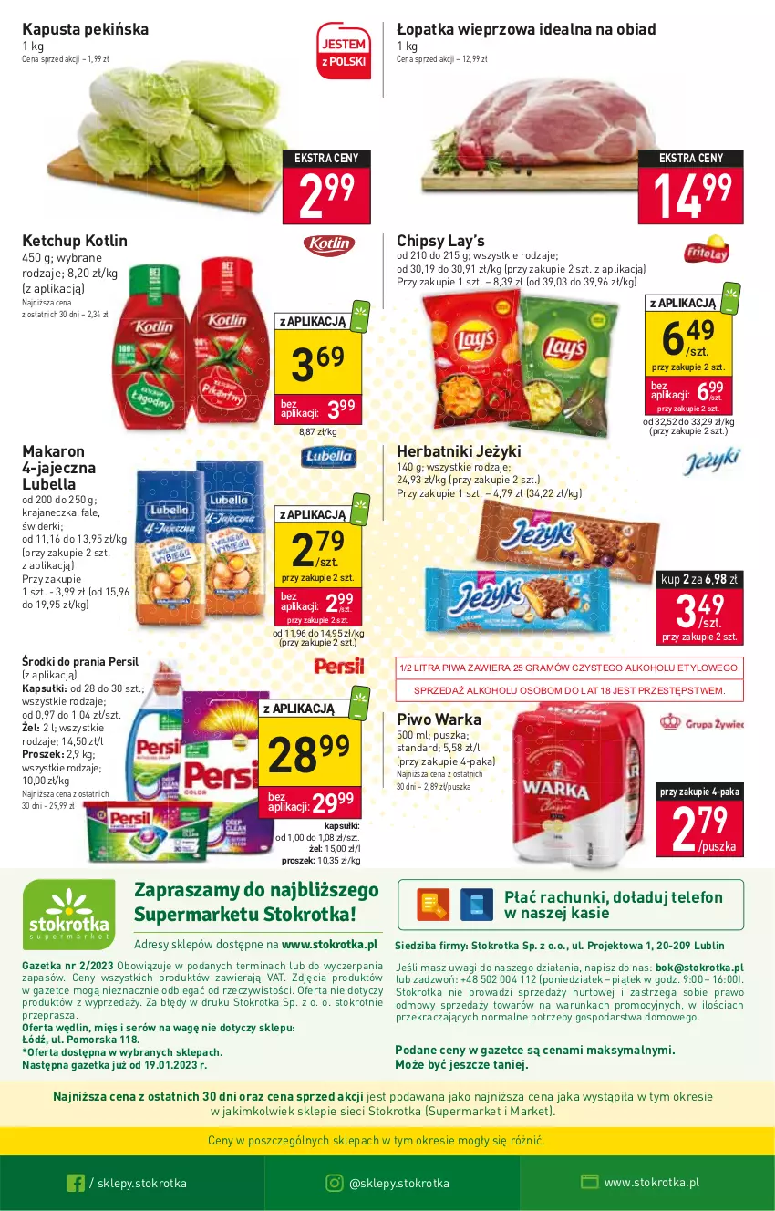 Gazetka promocyjna Stokrotka - Supermarket - ważna 12.01 do 18.01.2023 - strona 16 - produkty: Bell, Bella, Chipsy, Fa, Gra, Herbatniki, Jeżyki, Ketchup, Kotlin, Kupiec, Lay’s, Lubella, Makaron, O nas, Persil, Piec, Piwa, Piwo, Ser, Telefon, Wagi, Warka