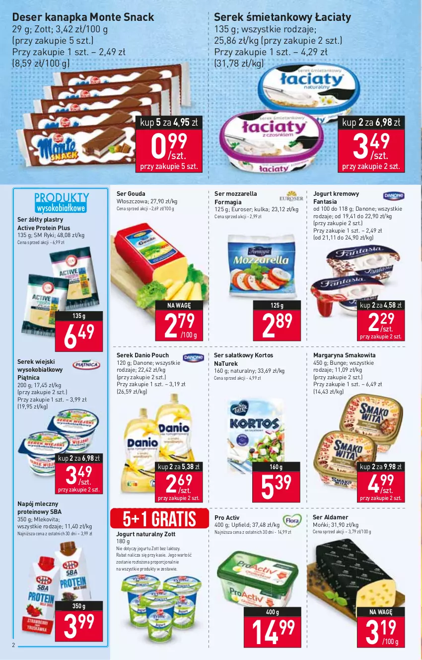 Gazetka promocyjna Stokrotka - Supermarket - ważna 12.01 do 18.01.2023 - strona 2 - produkty: Danio, Danone, Deser, Fa, Fanta, Gouda, Gra, Jogurt, Jogurt naturalny, Margaryna, Mleko, Mlekovita, Monte, Mozzarella, Napój, Napój mleczny, NaTurek, Piątnica, Por, Sałat, Ser, Serek, Serek wiejski, Smakowita, Sok, Zott