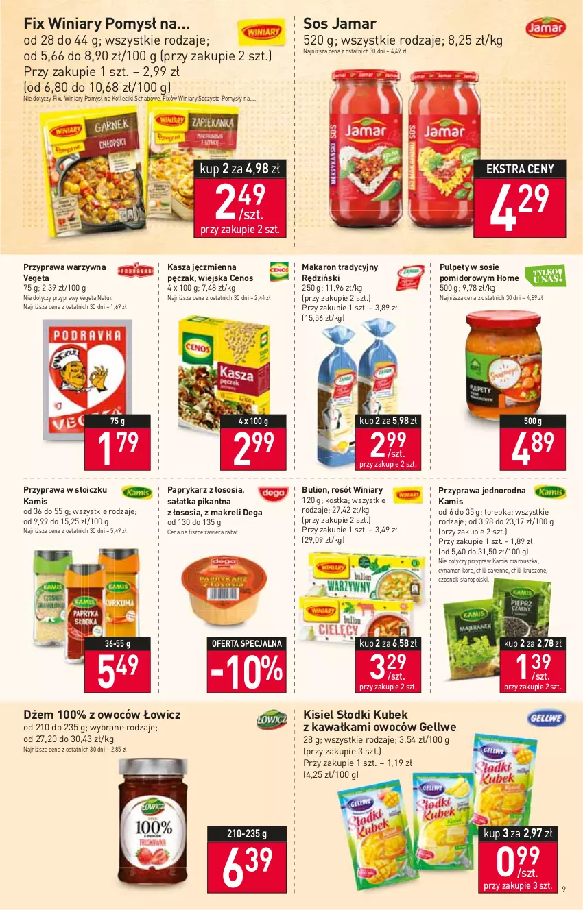 Gazetka promocyjna Stokrotka - Supermarket - ważna 12.01 do 18.01.2023 - strona 9 - produkty: Bulion, Cenos, Czosnek, Dega, Dżem, Kamis, Kasza, Kasza jęczmienna, Kawa, Kisiel, Kubek, Lion, Makaron, Papryka, Paprykarz, Przyprawy, Pulpety, Rosół, Sałat, Sałatka, Sos, Torebka, Vegeta, Vegeta Natur, Winiary