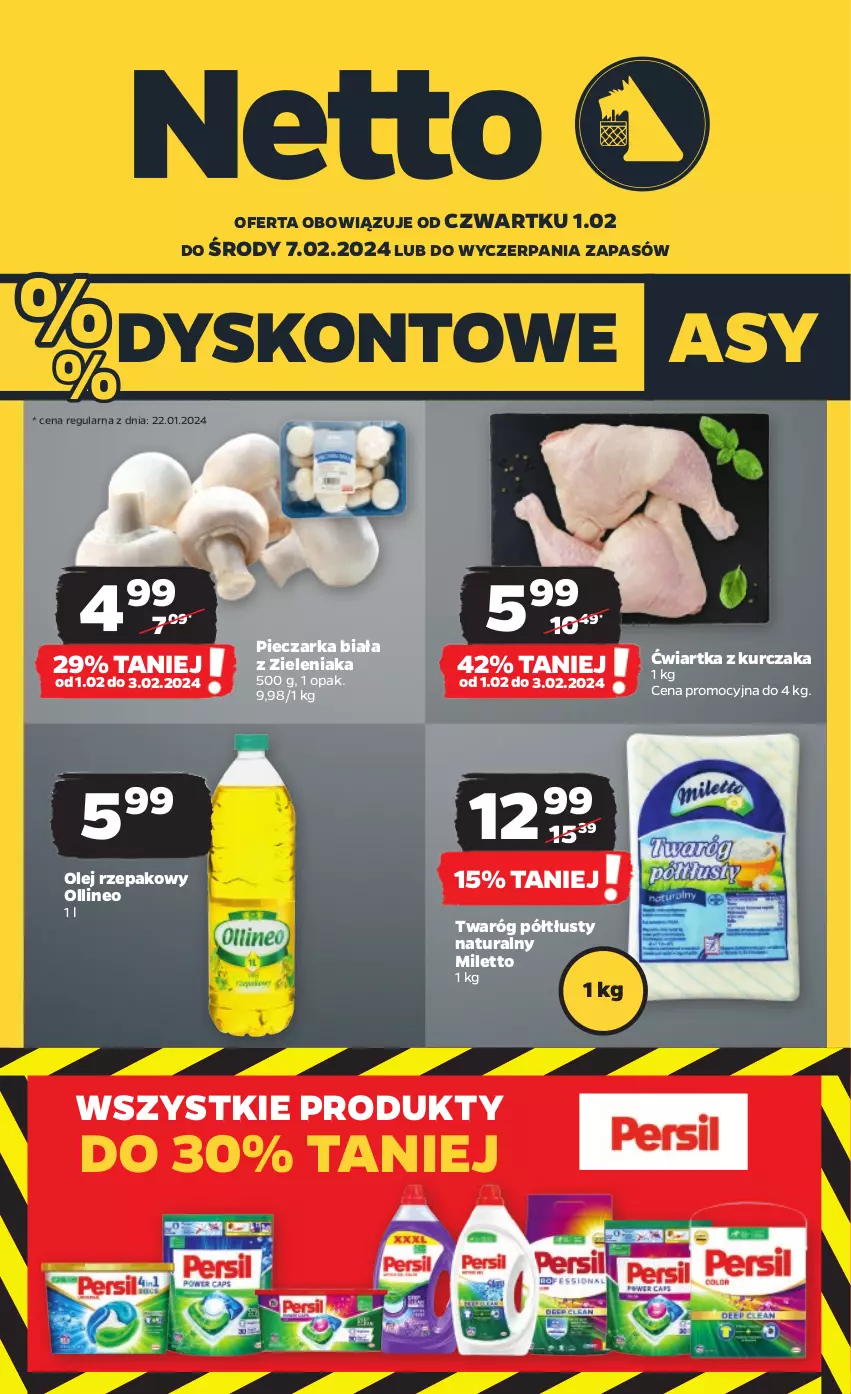 Gazetka promocyjna Netto - Artykuły spożywcze - ważna 01.02 do 07.02.2024 - strona 1 - produkty: Kurczak, Olej, Olej rzepakowy, Piec, Pieczarka, Twaróg, Twaróg półtłusty