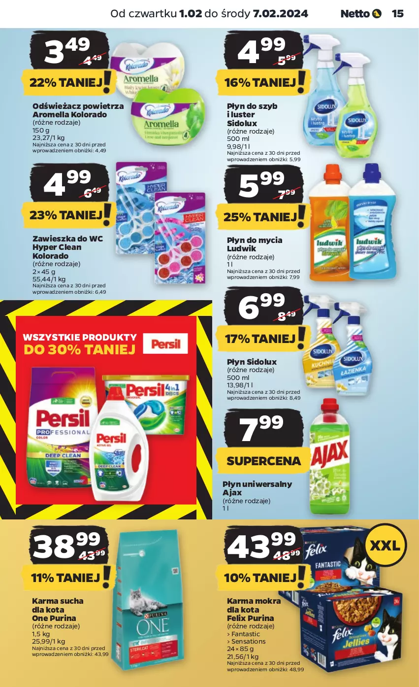 Gazetka promocyjna Netto - Artykuły spożywcze - ważna 01.02 do 07.02.2024 - strona 15 - produkty: Ajax, Fa, Fanta, Felix, Kolorado, Ludwik, Odświeżacz powietrza, Płyn do mycia, Płyn do szyb, Pur, Purina, Sati, Sidolux, Zawieszka do wc