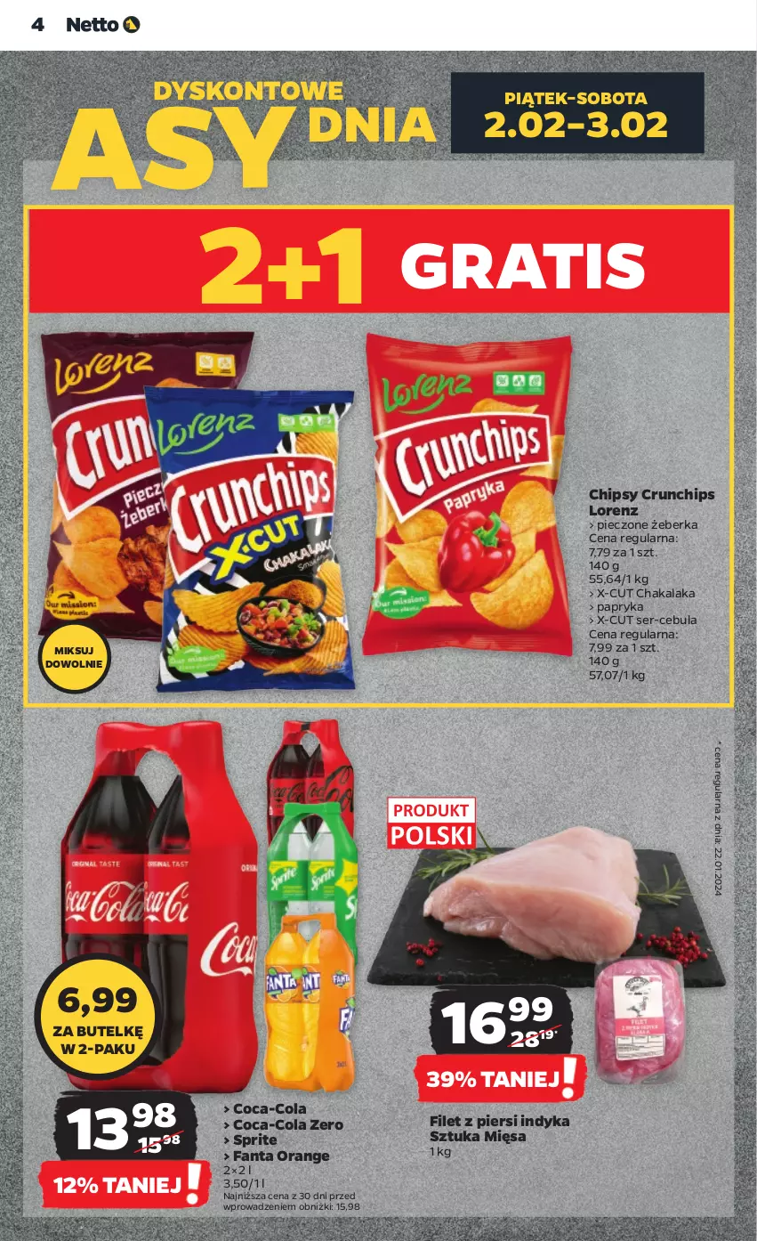 Gazetka promocyjna Netto - Artykuły spożywcze - ważna 01.02 do 07.02.2024 - strona 4 - produkty: Cebula, Chipsy, Coca-Cola, Crunchips, Fa, Fanta, Filet z piersi indyka, Gra, Lorenz, Papryka, Piec, Ser, Sprite