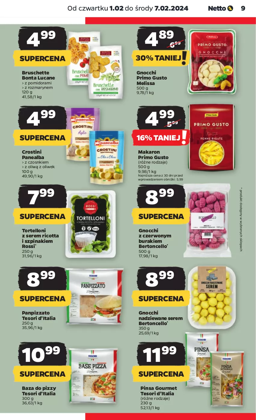 Gazetka promocyjna Netto - Artykuły spożywcze - ważna 01.02 do 07.02.2024 - strona 9 - produkty: Bruschette, Buraki, Gnocchi, Makaron, Pizza, Ricotta, Ser, Szpinak, Tortelloni