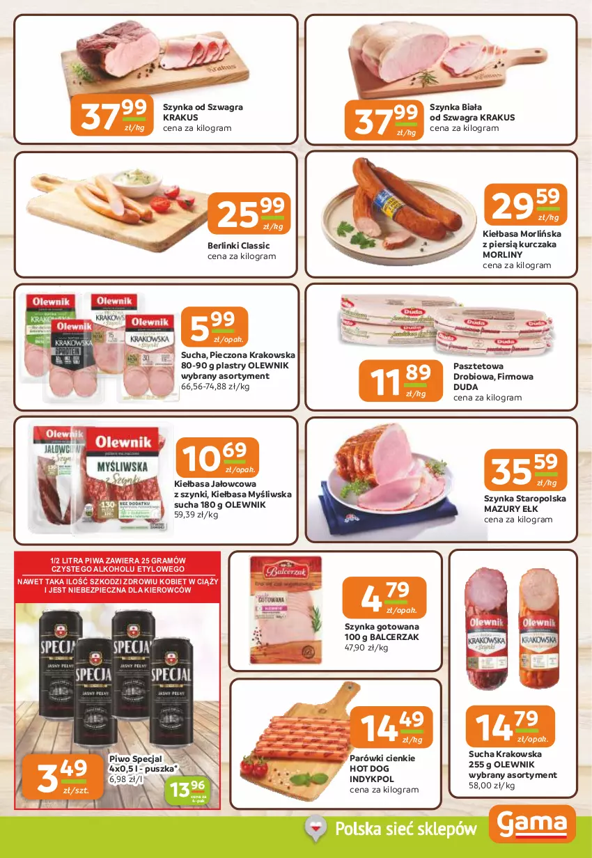 Gazetka promocyjna Gama - Gazetka Gama - ważna 21.08 do 02.09.2025 - strona 3 - produkty: Berlinki, Duda, Gra, Hot dog, Kiełbasa, Krakus, Kurczak, Morliny, Olewnik, Parówki, Pasztet, Piec, Piwa, Piwo, Szynka, Szynka biała