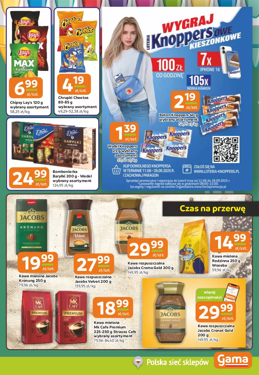 Gazetka promocyjna Gama - Gazetka Gama - ważna 21.08 do 02.09.2025 - strona 5 - produkty: Baryłki, Baton, Cheetos, Chipsy, Chrupki, Jacobs, Jacobs Velvet, Kawa, Kawa mielona, Kawa rozpuszczalna, Knoppers, Velvet, Woseba