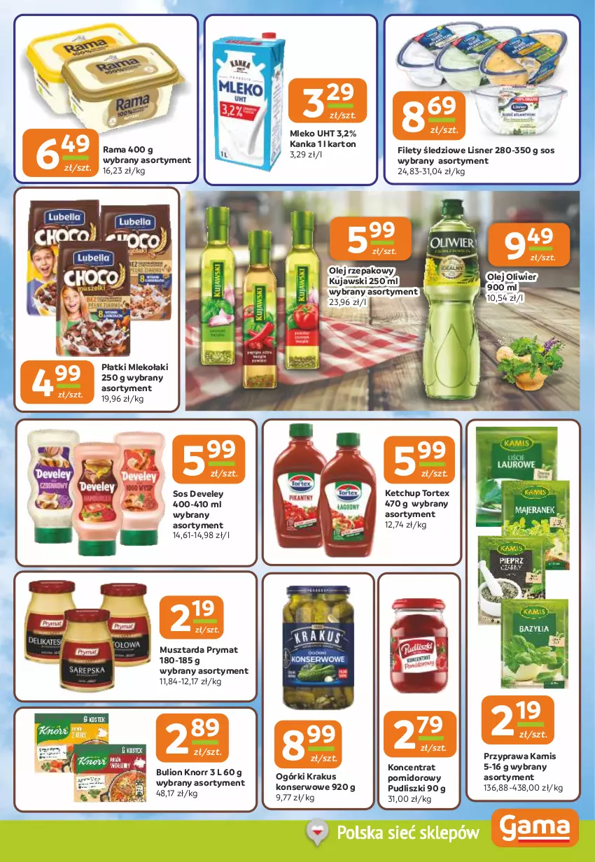 Gazetka promocyjna Gama - Gazetka Gama - ważna 21.08 do 02.09.2025 - strona 7 - produkty: Bulion, Kamis, Ketchup, Knorr, Koncentrat pomidorowy, Krakus, Kujawski, Lion, Lisner, Mleko, Mus, Musztarda, Olej, Olej rzepakowy, Prymat, Pudliszki, Rama, Ser, Sos