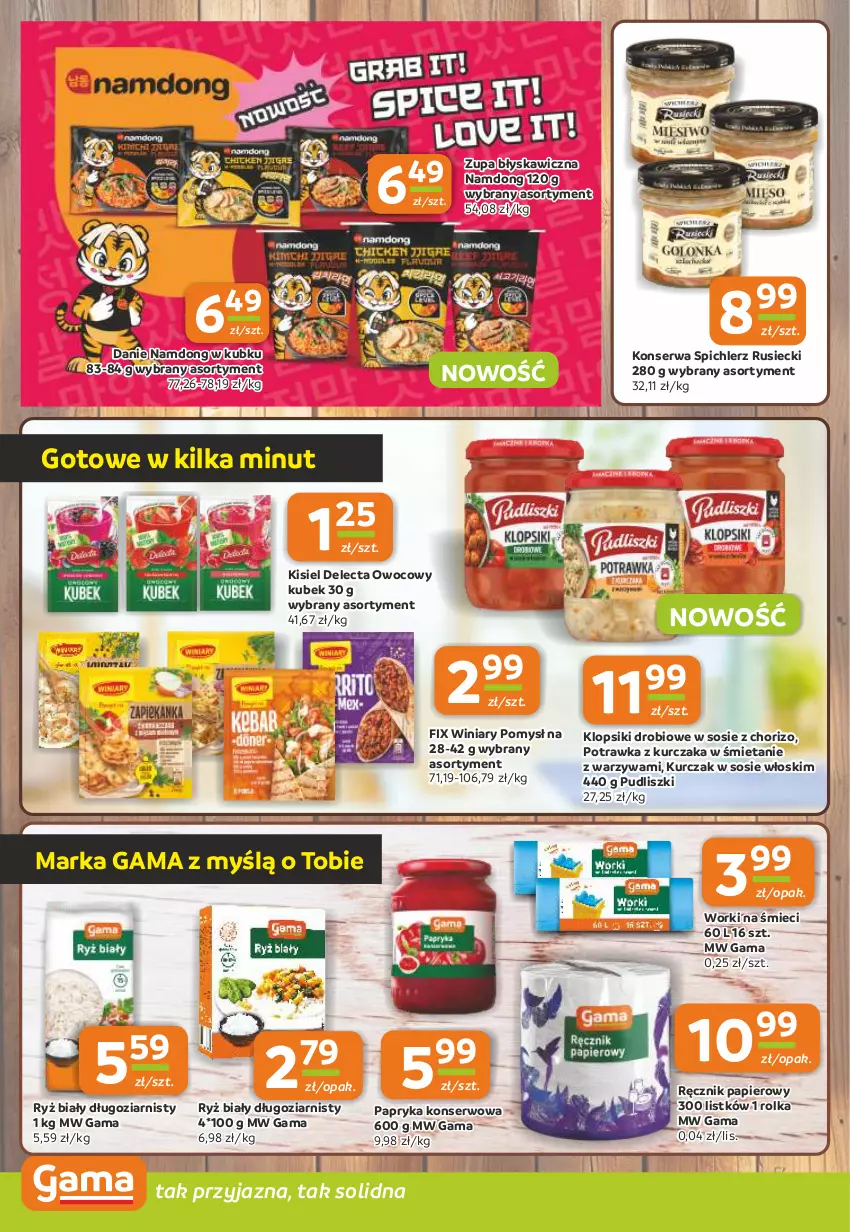 Gazetka promocyjna Gama - Gazetka Gama - ważna 21.08 do 02.09.2025 - strona 8 - produkty: Delecta, Kisiel, Klopsiki, Kubek, Kurczak, Papier, Papryka, Pudliszki, Ręcznik, Ryż, Ryż biały, Ser, Sos, Spichlerz Rusiecki, Warzywa, Winiary, Worki na śmiec, Worki na śmieci, Zupa