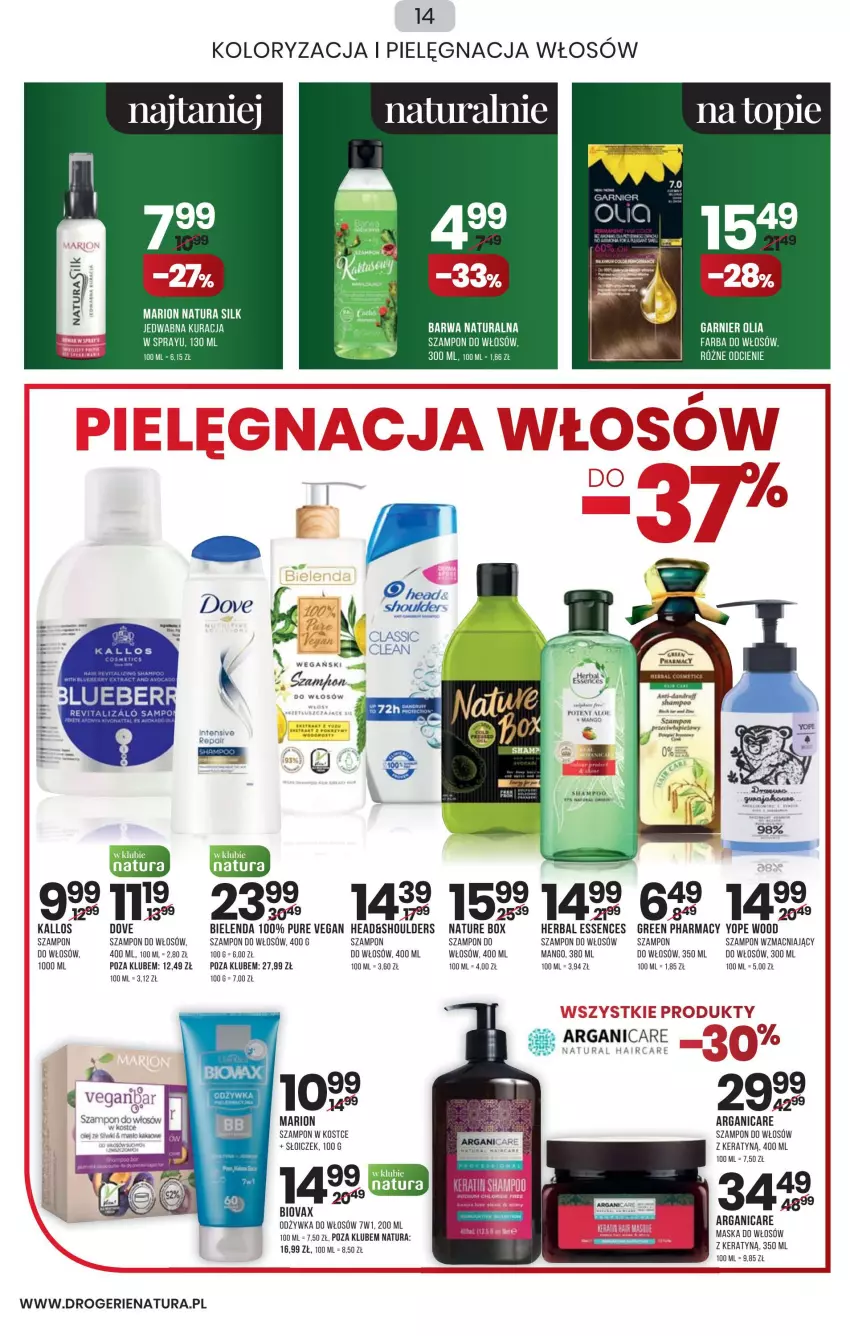 Gazetka promocyjna Drogerie Natura - Gazetka Drogerie Natura - ważna 27.01 do 09.02.2022 - strona 14 - produkty: Arganicare, Bielenda, Biovax, Dove, Fa, Farba do włosów, Garnier, Green pharmacy, Mango, Maska, Maska do włosów, Odżywka, Pielęgnacja włosów, Pur, Szampon, Yope