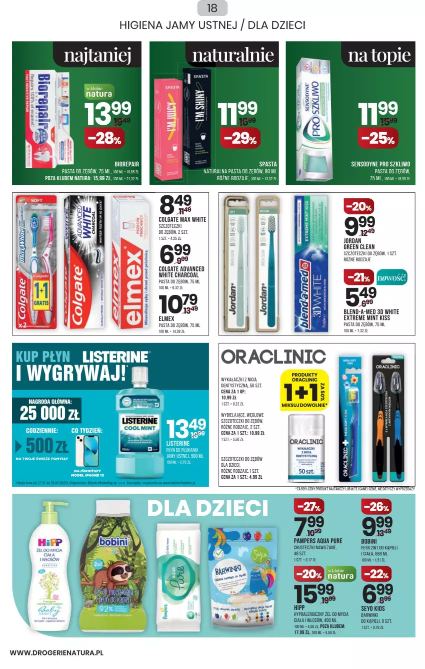 Gazetka promocyjna Drogerie Natura - Gazetka Drogerie Natura - ważna 27.01 do 09.02.2022 - strona 18 - produkty: Biorepair, Blend-a-Med, Chusteczki, Clin, Dzieci, Elmex, Fa, Gry, HiPP, LG, Listerine, Pampers, Pasta do zębów, Pur, Sensodyne, Top