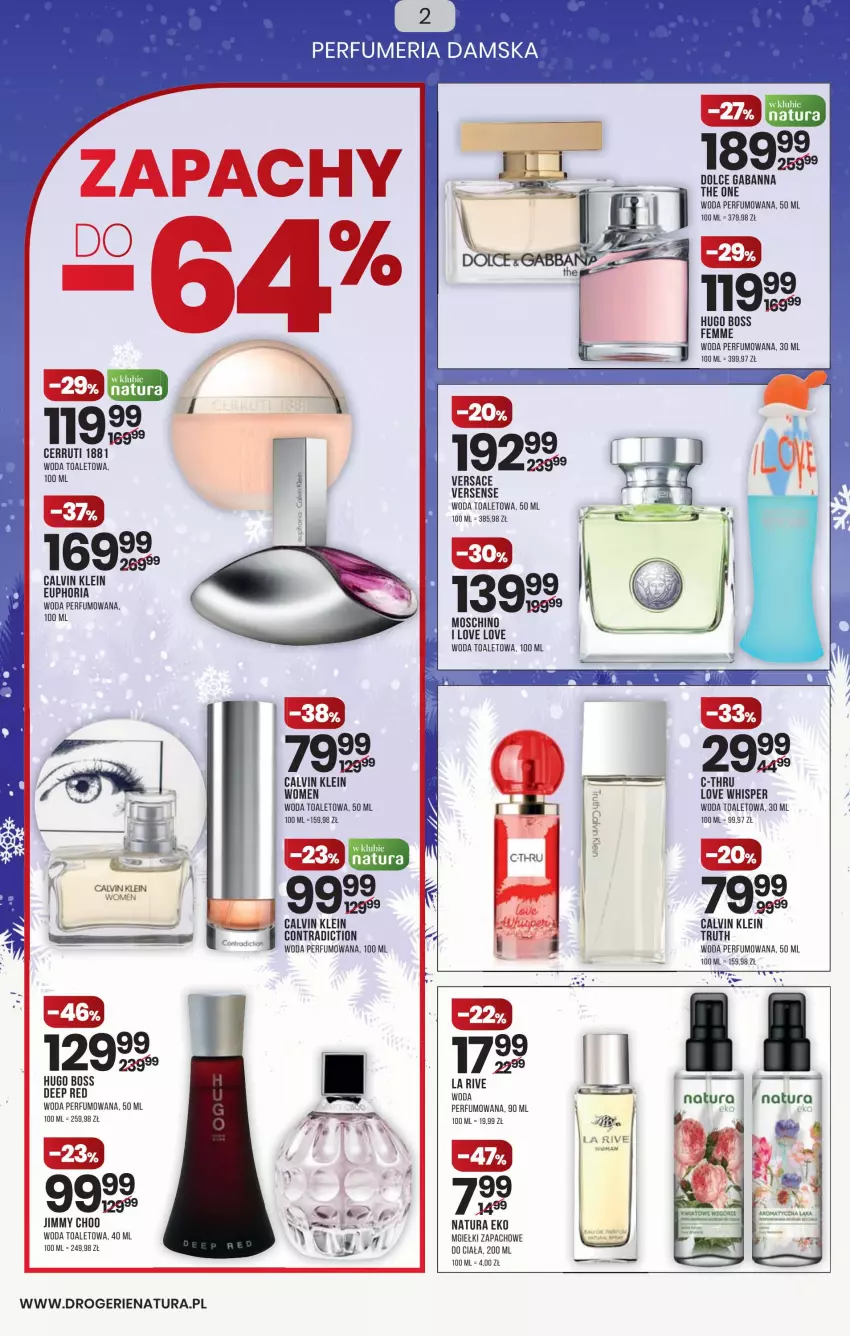 Gazetka promocyjna Drogerie Natura - Gazetka Drogerie Natura - ważna 27.01 do 09.02.2022 - strona 2 - produkty: C-Thru, Calvin Klein, Cerruti, Hugo Boss, Moschino, Perfum, The ONE, Versace, Woda, Woda perfumowana, Woda toaletowa